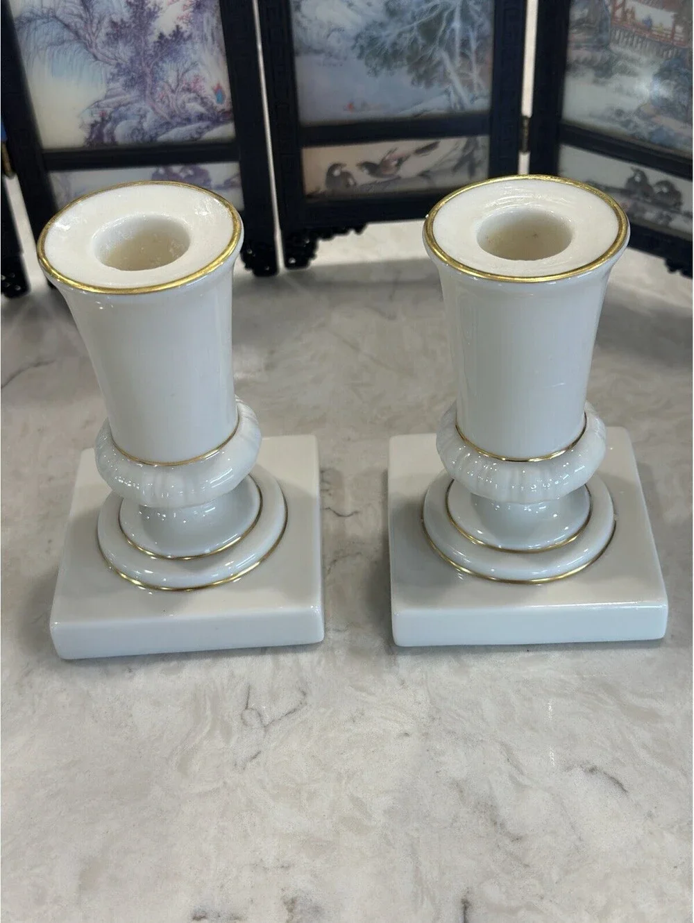 Beautiful vintage Lenox ivory porcelain candlestick holders with 24K gold trim,